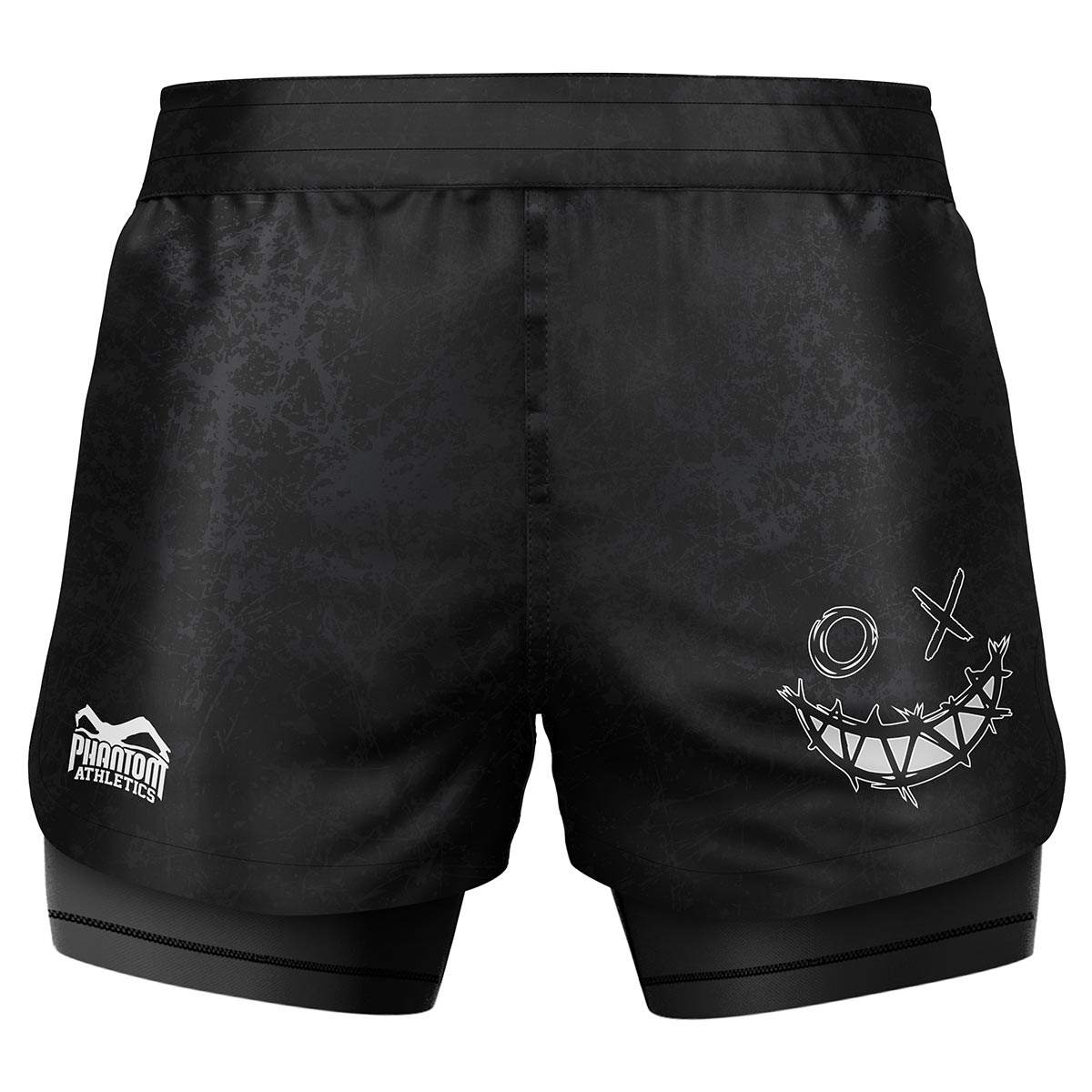 Phantom Fightshorts Fusion 2in1. Ultimative Shorts für deinen Kampfsport mit integrierter Compression Shorts. Ideal für MMA, BJJ, Ringen, Grappling oder Muay Thai. In schwarz mit Serious Smiley Design.