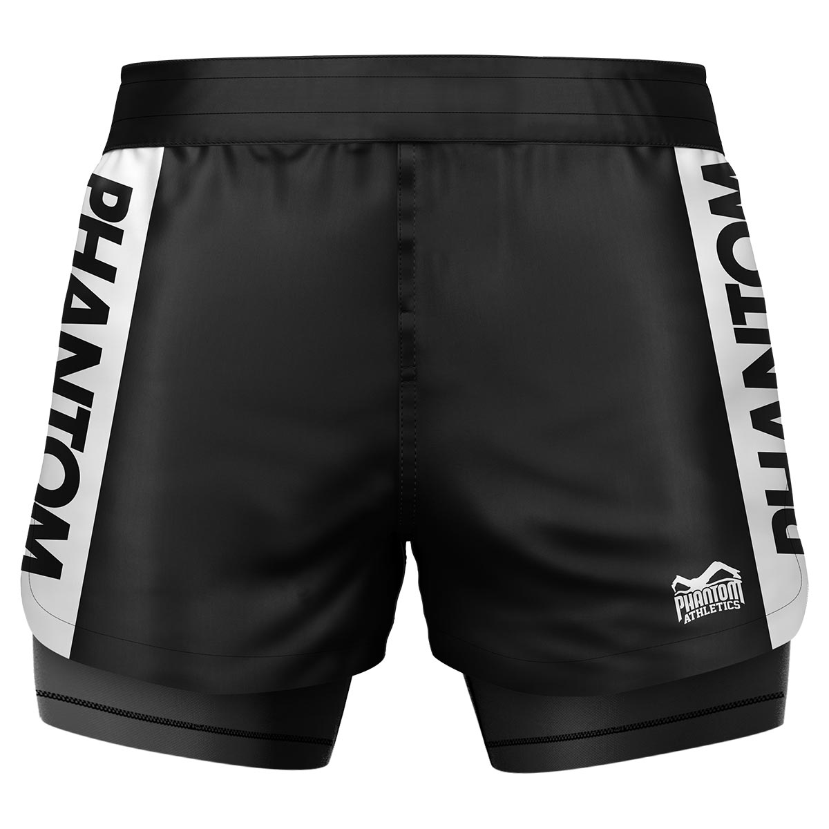 Phantom Fightshorts Fusion 2in1. Ultimative Shorts für deinen Kampfsport mit integrierter Compression Shorts. Ideal für MMA, BJJ, Ringen, Grappling oder Muay Thai. In schwarz mit PHANTOM Schriftzug.