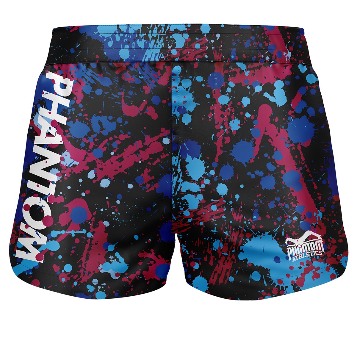 Phantom Fightshorts Fusion 2in1. Ultimative Shorts für deinen Kampfsport. IDeal für MMA, Muay Thai, BJJ, Ringen und mehr. Im auffälligen Splatter Design mit blau/lila Spritzern.