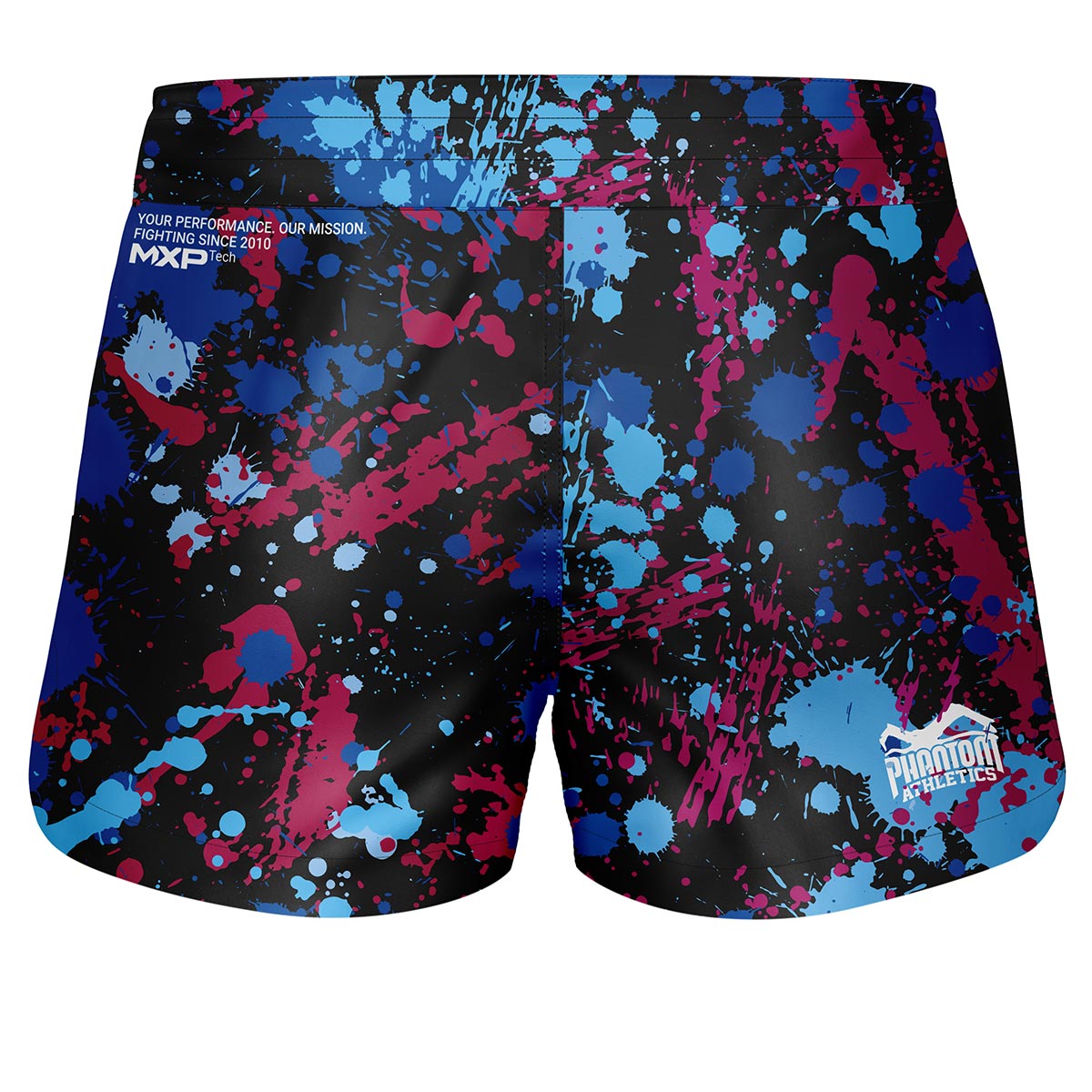 Phantom Fightshorts Fusion 2in1. Ultimative Shorts für deinen Kampfsport. IDeal für MMA, Muay Thai, BJJ, Ringen und mehr. Im auffälligen Splatter Design mit blau/lila Spritzern.