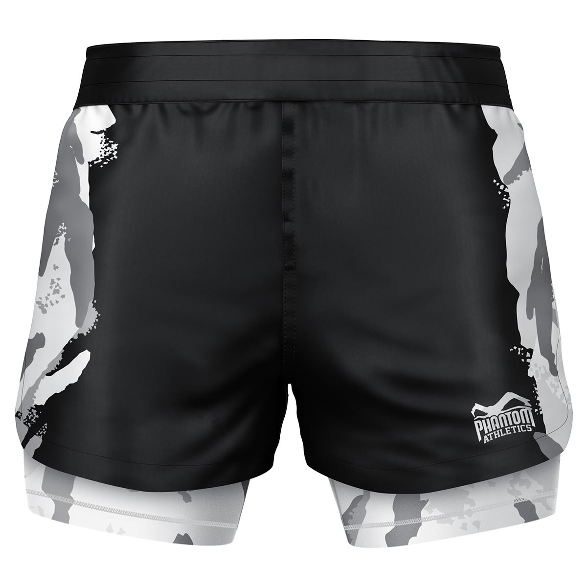 Phantom Fightshorts Fusion 2in1. Ultimative Shorts für deinen Kampfsport mit integrierter Compression Shorts. Ideal für MMA, BJJ, Ringen, Grappling oder Muay Thai. In schwarz mit Camo Design.