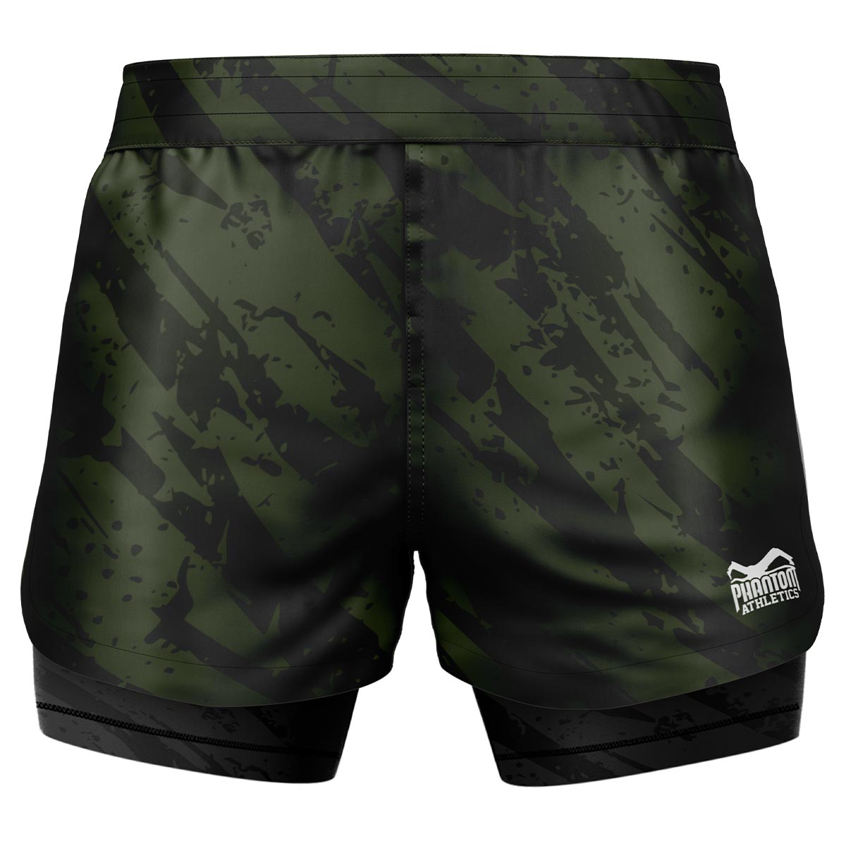 Phantom Fightshorts Fusion 2in1. Ultimative Shorts für deinen Kampfsport mit integrierter Compression Shorts. Ideal für MMA, BJJ, Ringen, Grappling oder Muay Thai. In schwarz grün mit Camo Tiger Streifen.