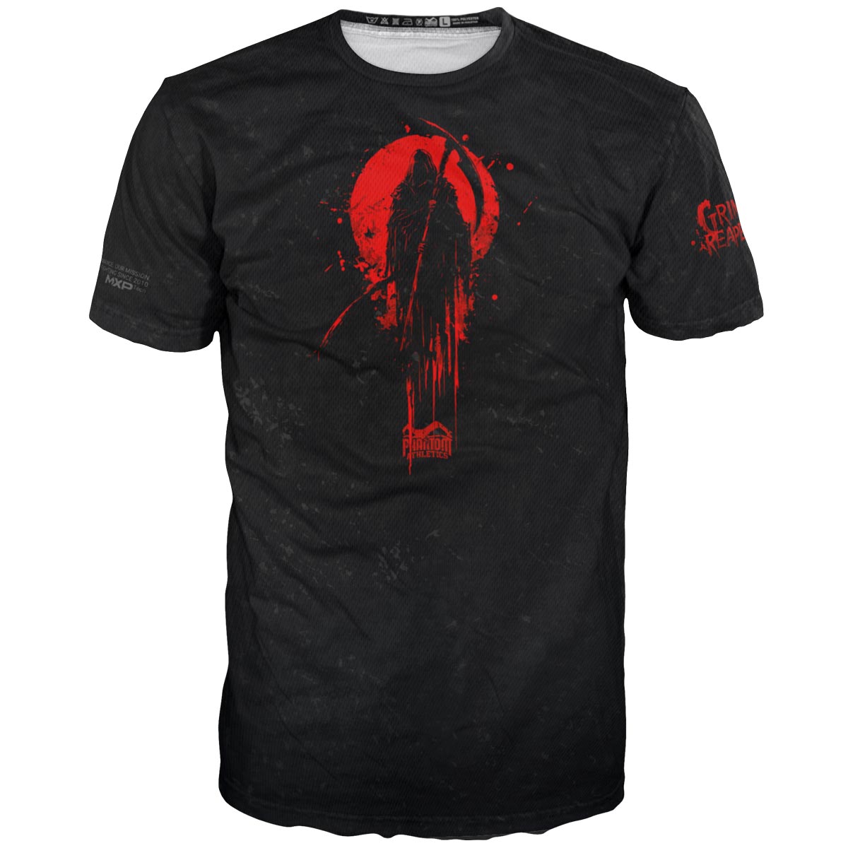 Phantom Athletics EVO Reaper Trainingsshirt in Schwarz und Rot, gefertigt aus robustem, atmungsaktivem MXP-Tech-Material, das Feuchtigkeit ableitet und Bewegungsfreiheit für intensives Training bietet.