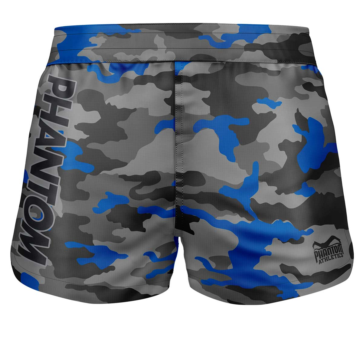 FUSION-R Splitter Fightshorts in Blau/Grau Camo – Ultraleichte, flexible Shorts mit athletischem Schnitt und elastischem Bund, ideal für maximale Bewegungsfreiheit bei intensiven Kampfsport-Workouts.