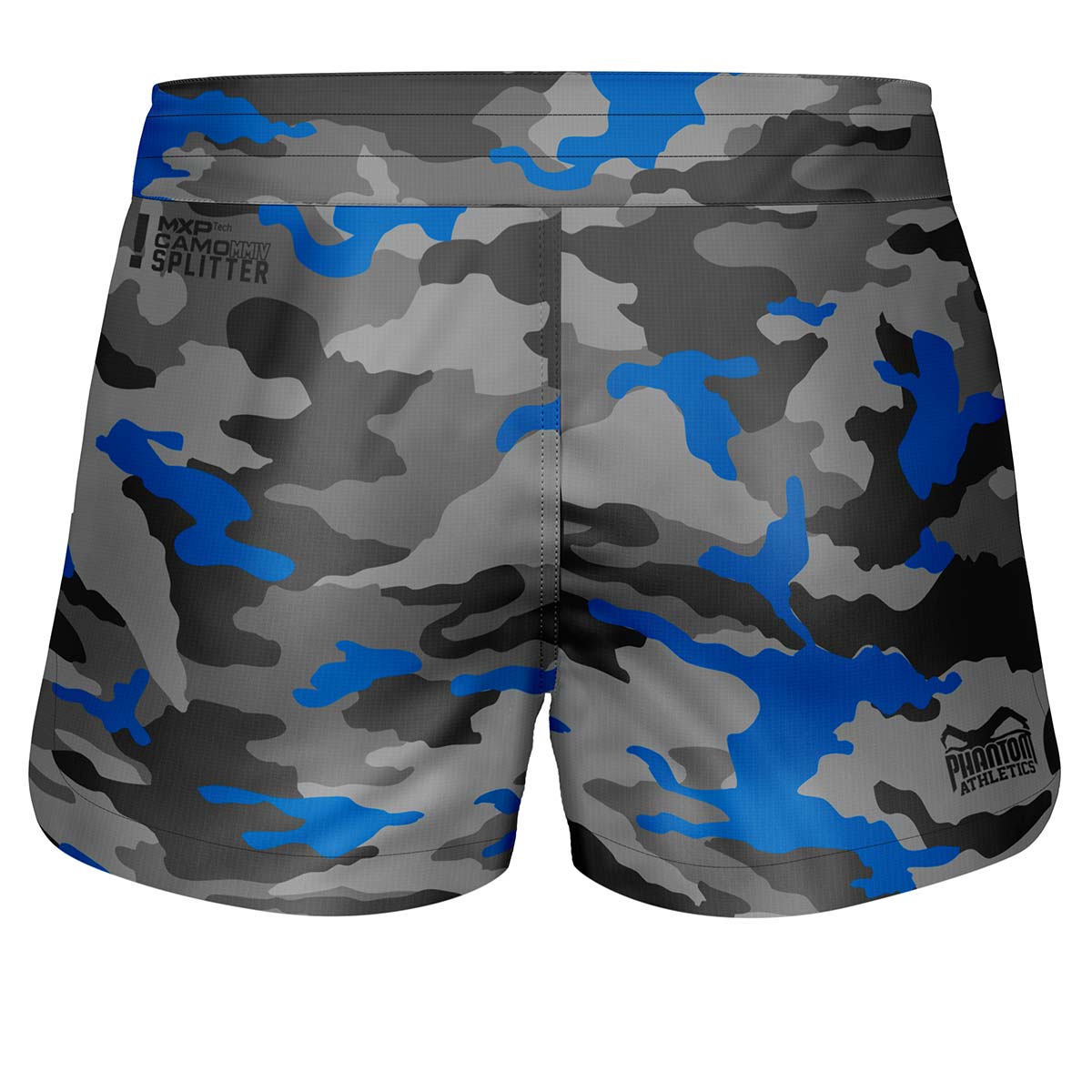 Phantom FUSION-R MGS Splitter Fightshorts – Robuste und atmungsaktive Kampfsportshorts im grau/blauen Camo-Design, perfekt für MMA, Muay Thai und BJJ, mit Ripstop-Material für Flexibilität und Haltbarkeit.