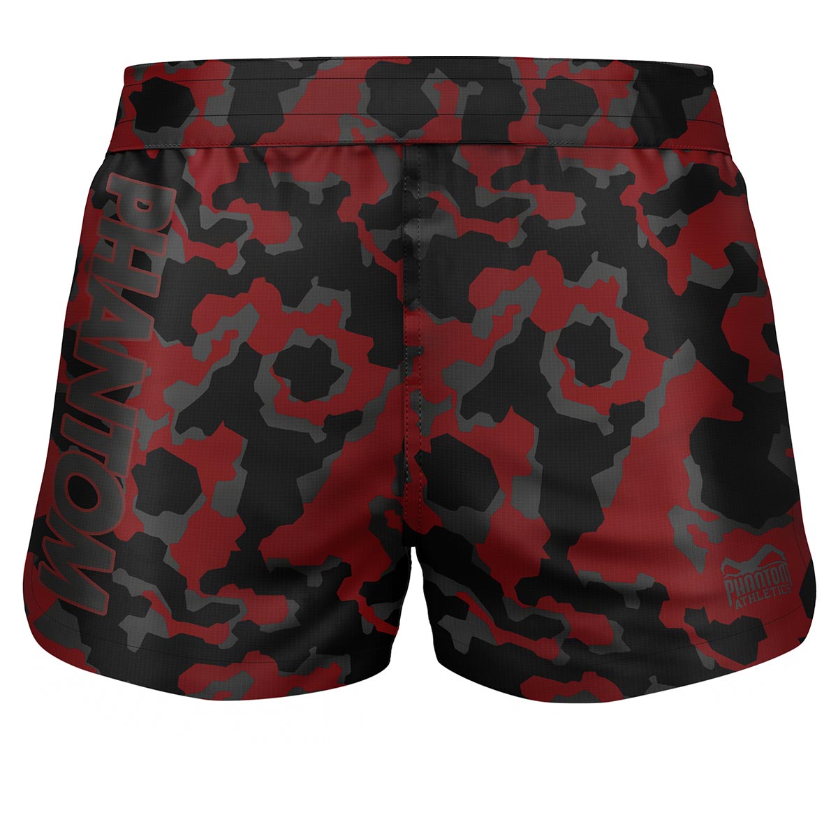 Phantom Athletics FUSION-R MGS Lava Fightshorts im markanten Rot-Camo-Design, leicht und atmungsaktiv, mit elastischem Bund und Ripstop-Gewebe für hohe Strapazierfähigkeit und Flexibilität im Kampfsport.