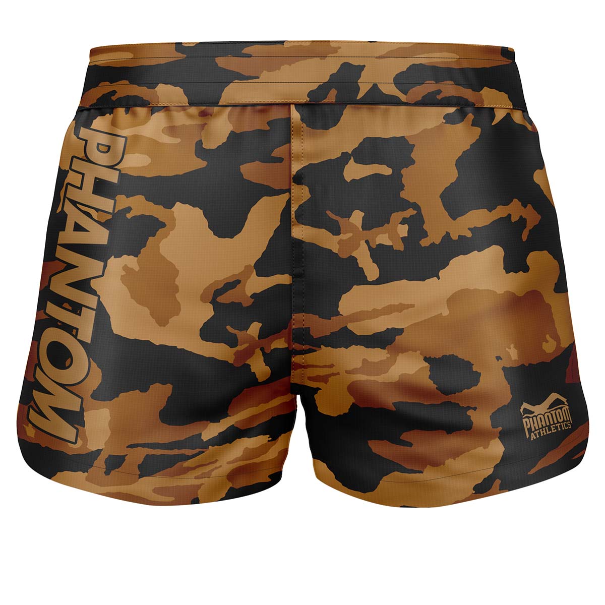 Phantom Athletics FUSION-R MGS Hornet Fightshorts im gelb-schwarzen Camo-Design, aus leichtem, reißfestem Ripstop-Material, ideal für intensive Kampfsporteinheiten mit sicherem Sitz und Flexibilität.