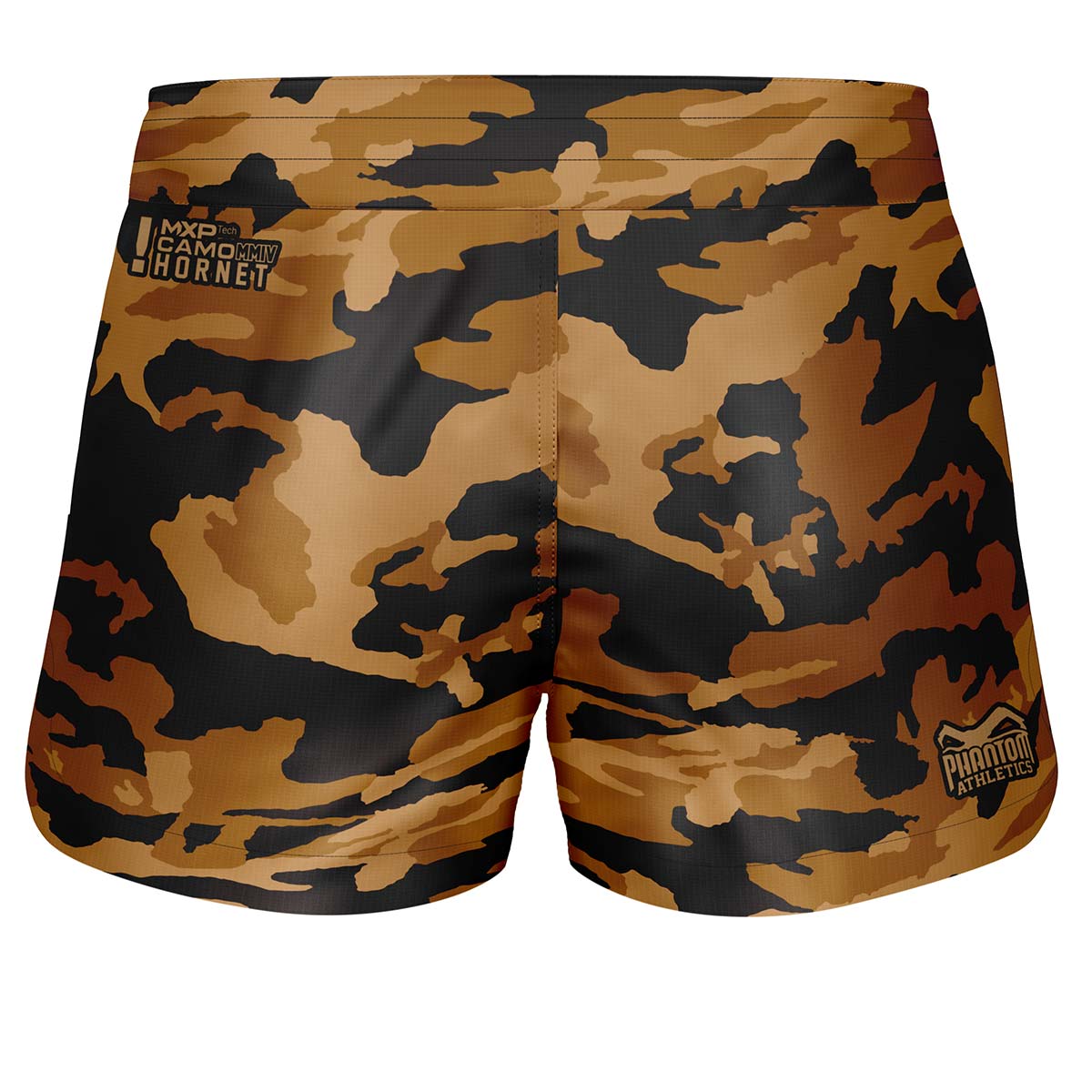 Strapazierfähige und flexible Phantom Athletics FUSION-R MGS Hornet Fightshorts mit elastischem Bund und atmungsaktivem Material für MMA und andere Kampfsportarten, im auffälligen Gelb-Schwarz-Camo.