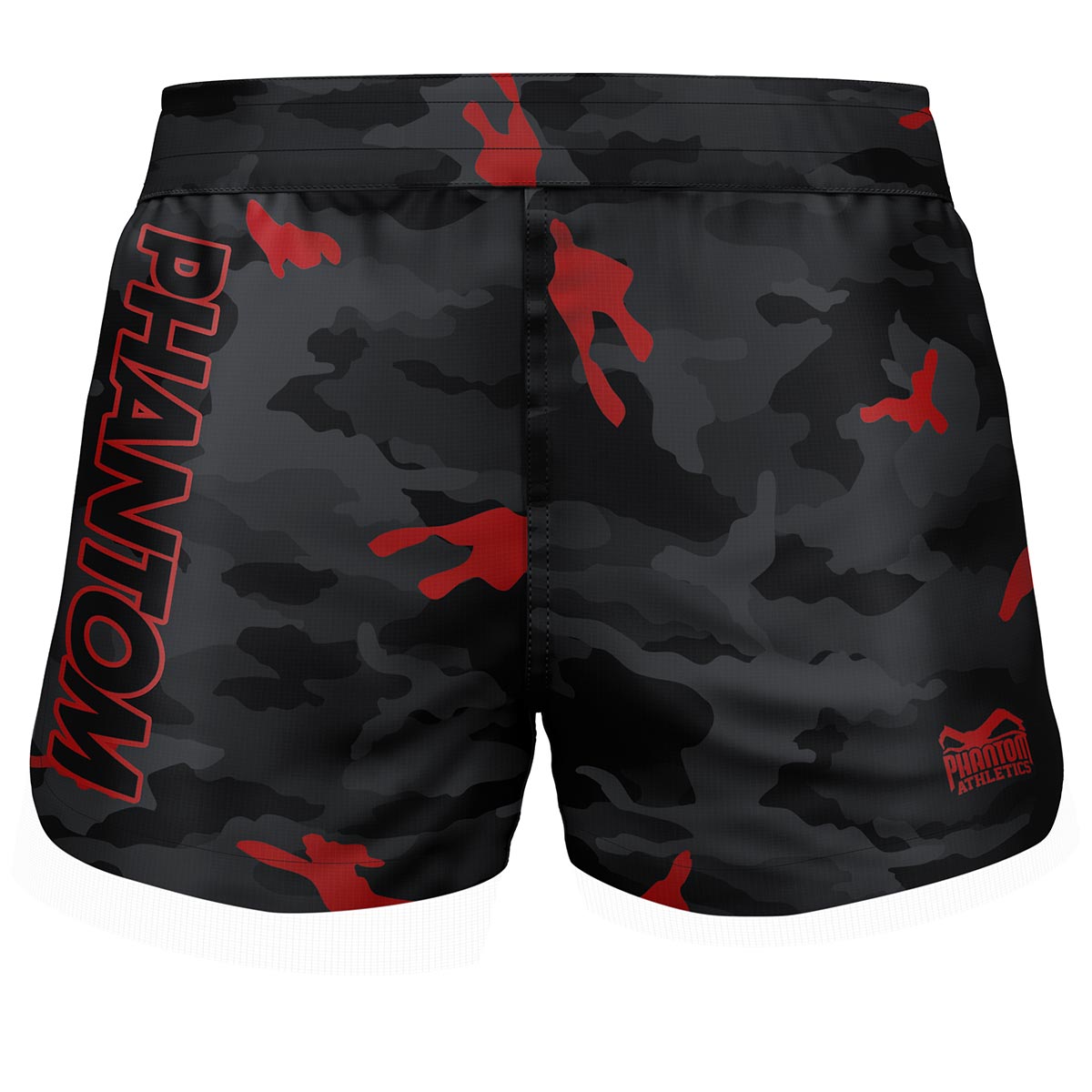 Phantom Athletics FUSION-R MGS Inferno Fightshorts im schwarz-roten Camo-Design, leicht und robust mit Ripstop-Gewebe für Bewegungsfreiheit und einen sicheren Sitz bei intensiven Kampfsportarten.