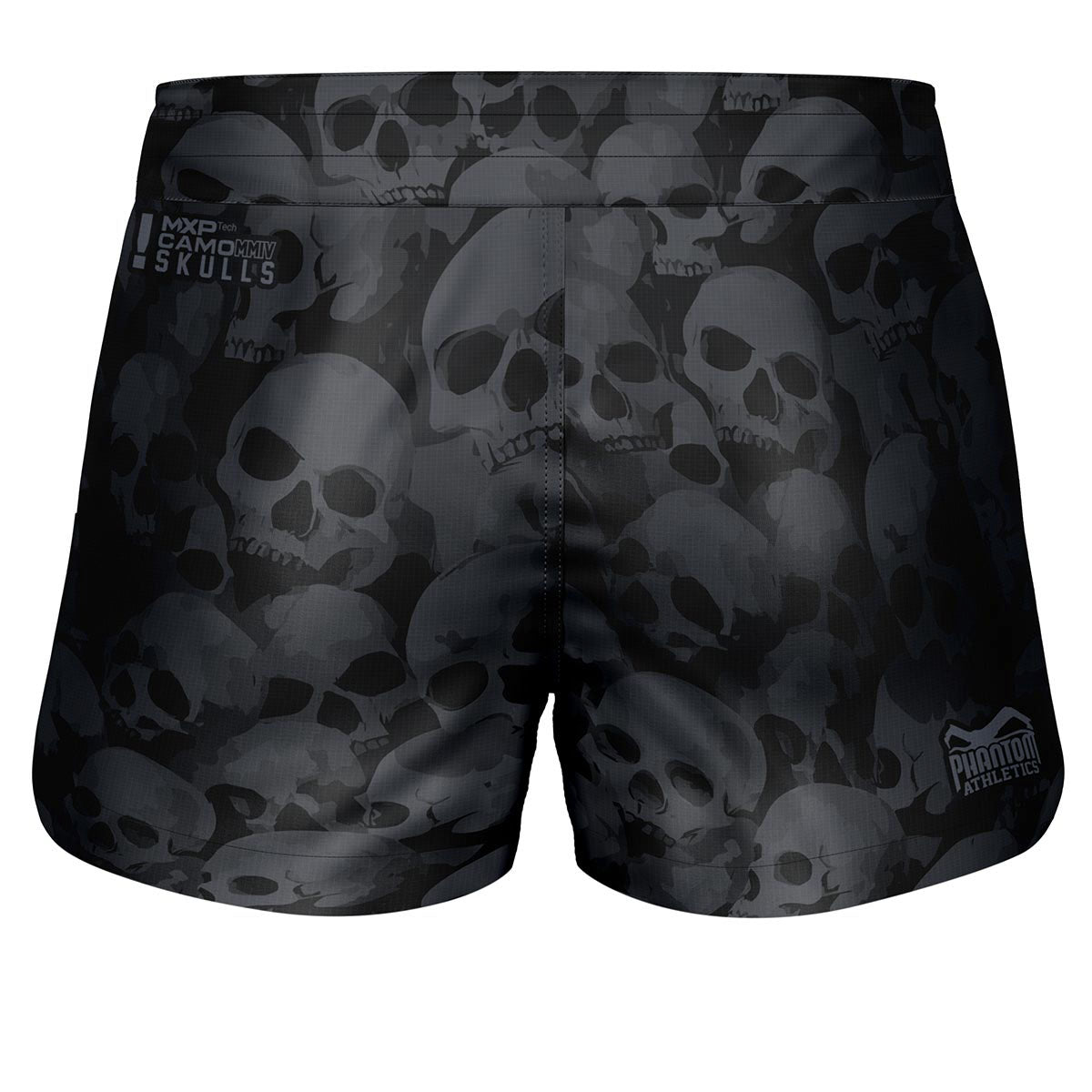 Detailansicht der FUSION-R MGS Skull Camo Fightshorts, leichte und strapazierfähige Shorts mit einzigartigem Totenkopf-Camo, ideal für intensives Training und Wettkampf durch flexibles und robustes Material.