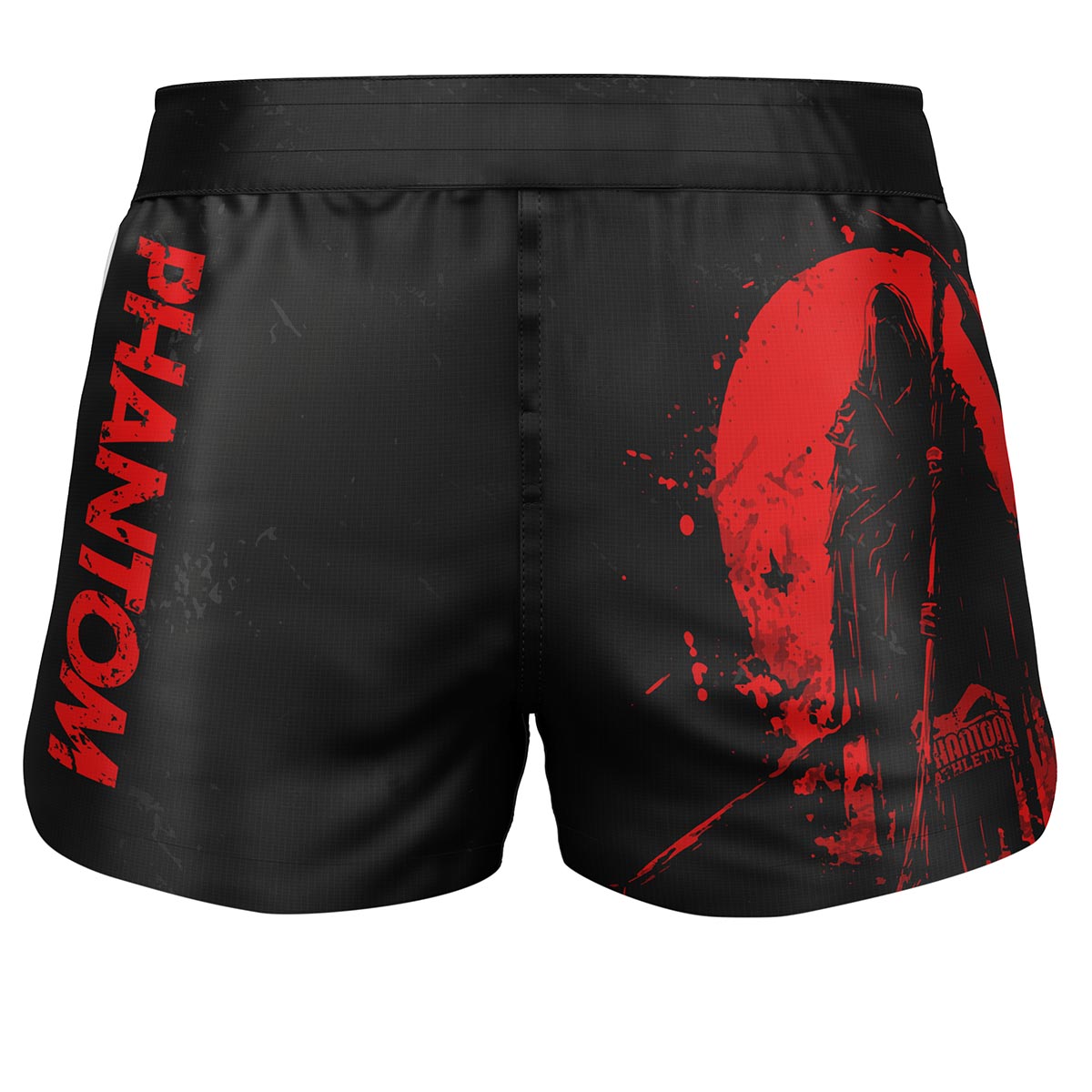 Phantom Athletics FUSION-R Reaper Fightshorts in Schwarz und Rot, leicht und strapazierfähig, entwickelt für Kampfsportarten mit elastischem Bund und Ripstop-Material für maximale Bewegungsfreiheit.