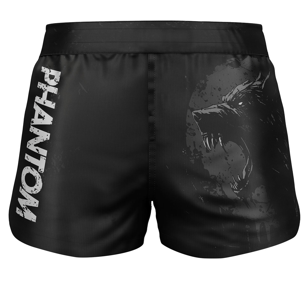 Phantom Athletics FUSION-R Werewolf Fightshorts in Schwarz und Grau, leicht und strapazierfähig mit Ripstop-Gewebe und elastischem Bund für sicheren Halt bei intensiven Kampfsportarten.