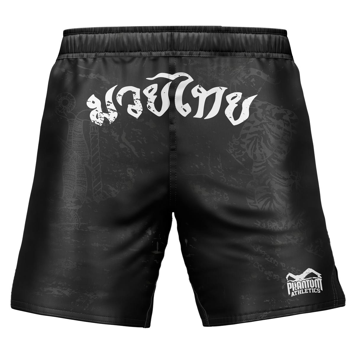 Phantom EVO Muay Thai Fightshorts mit thailändischem Schriftzug und Sak Yant Tiger Design. 