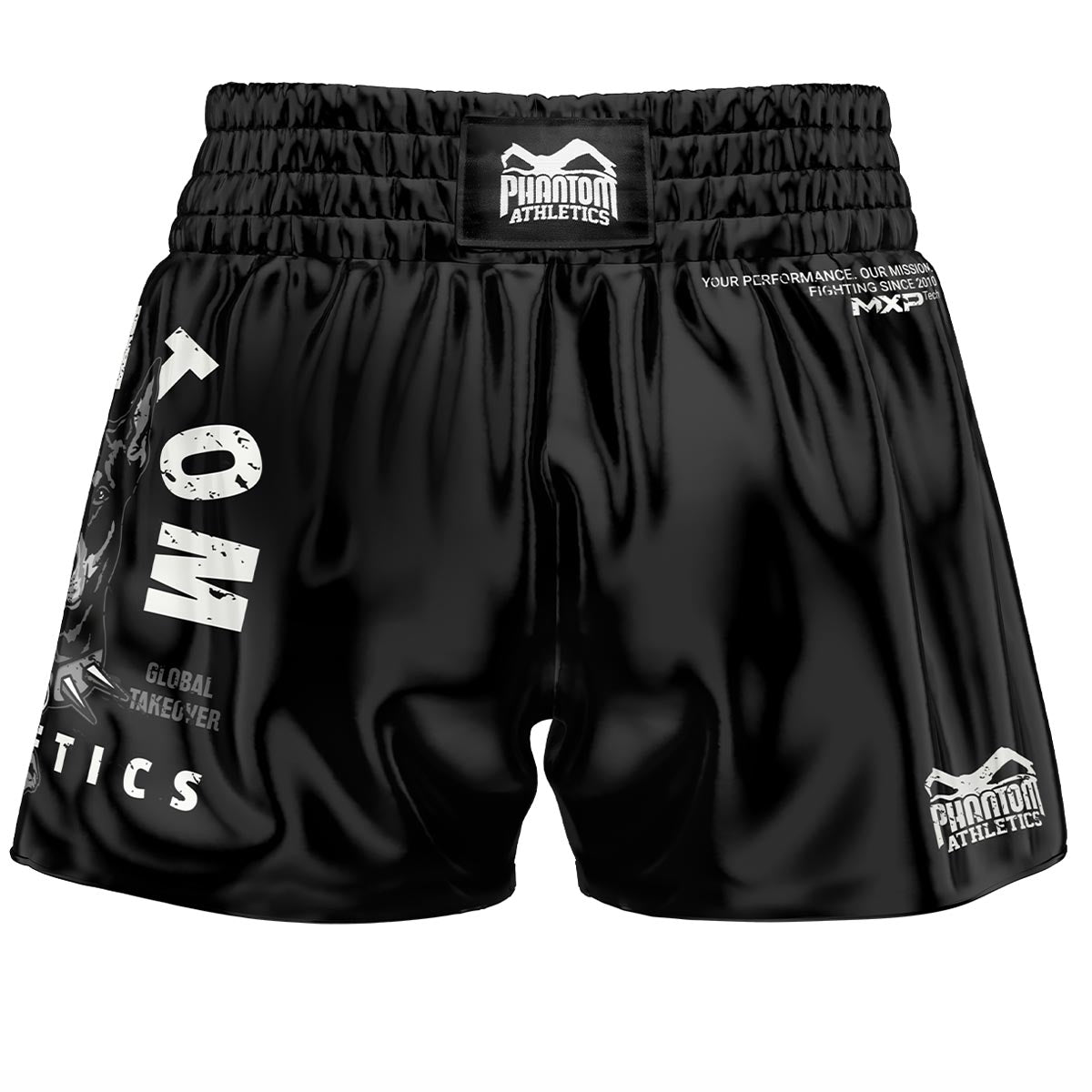 Phantom Muay Thai Shorts in schwarz mit Dobermann Design für Training und Wettkampf. Höchste Qualität und traditionelle Ausführung in Satin für dein Thaiboxen.