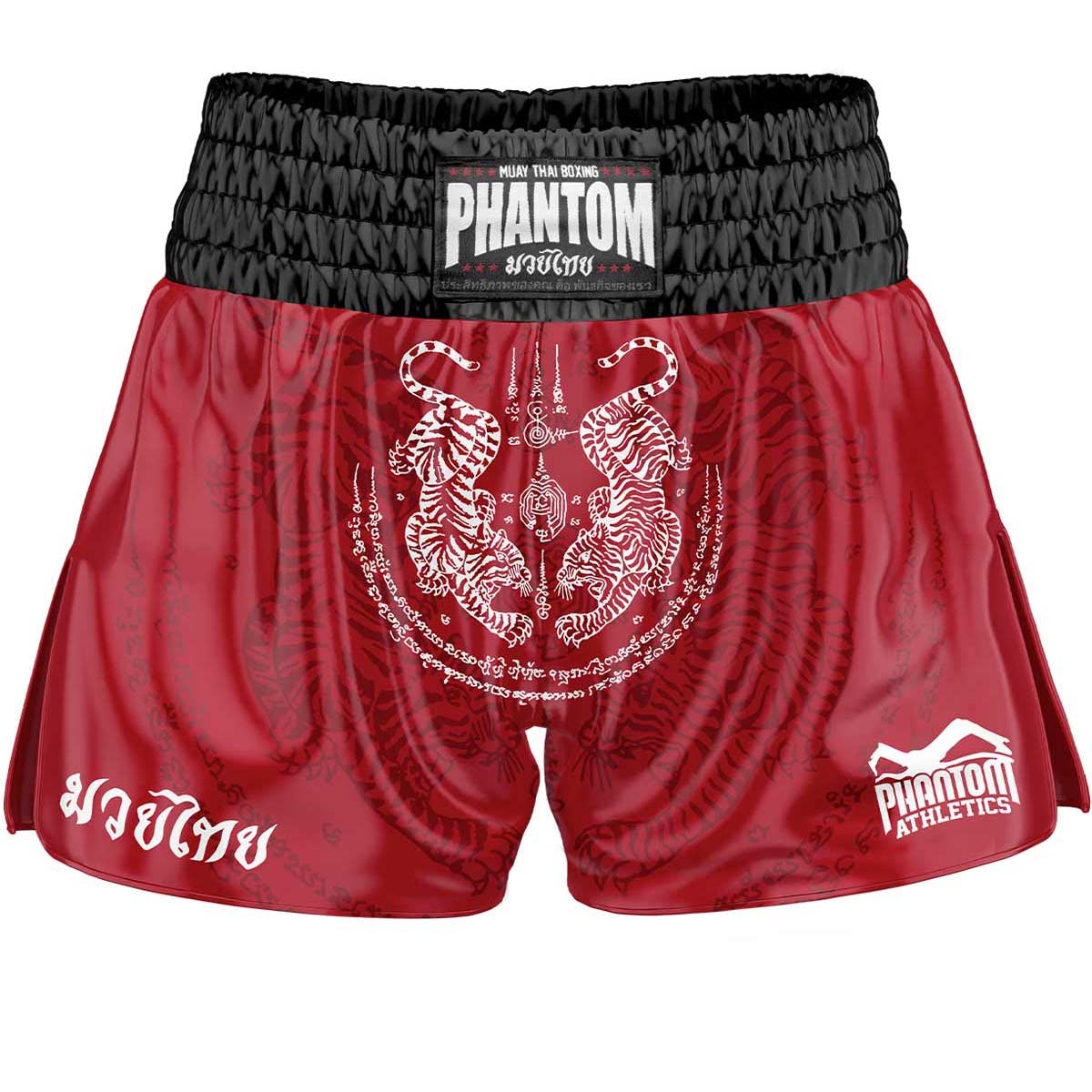 Die Phantom Muay Thai Shorts SAK YANT in rot. Oldschool Satin Stoff mit traditionellem Tiger Design verleiht dir original Thailand Feeling. In gewohnter Phantom Athletics Qualität. Ideal für dein Thaibox Training und den Wettkampf.