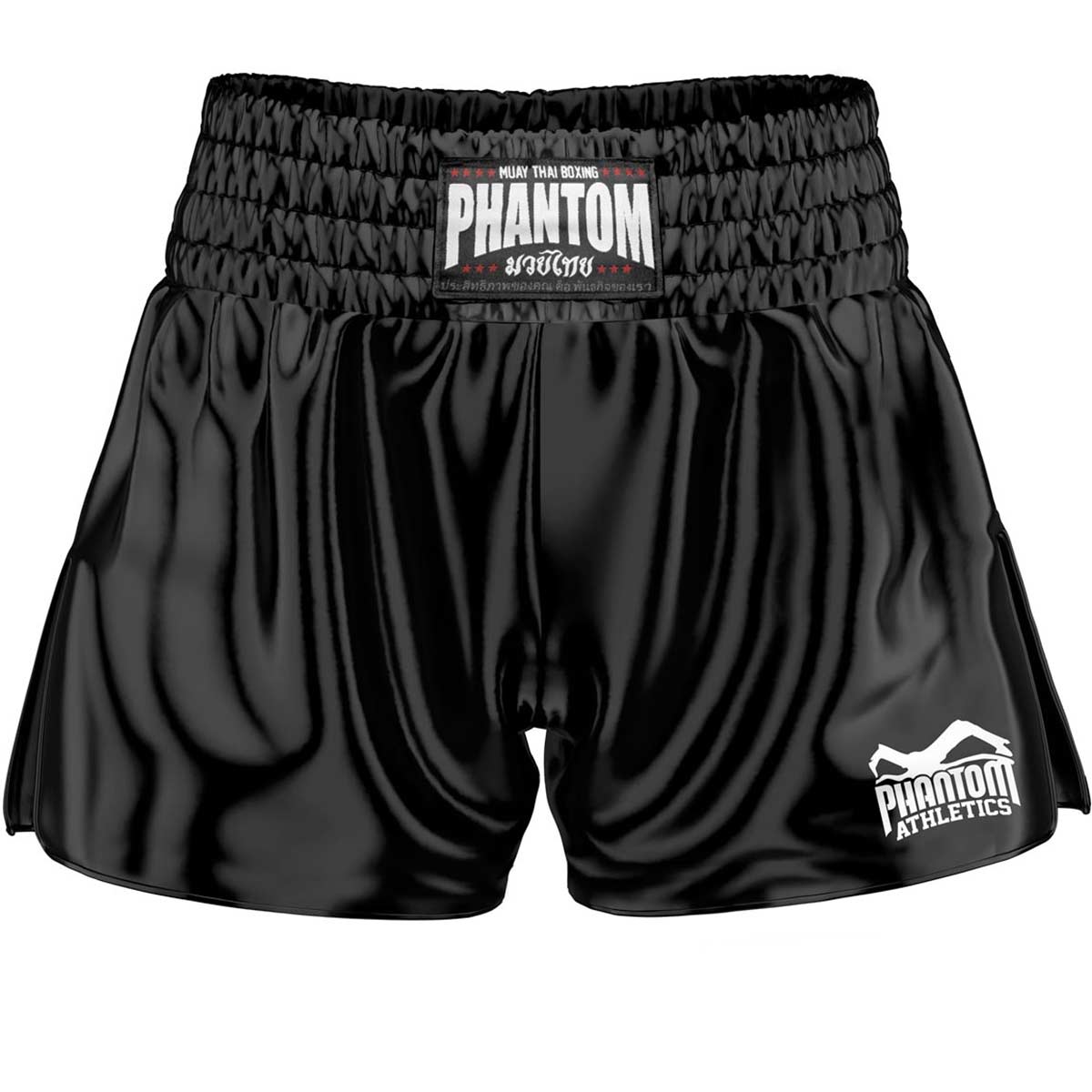 Die Phantom Muay Thai Shorts Team in schwarz. Oldschool Satin Stoff verleiht dir original Thailand Feeling. In gewohnter Phantom Athletics Qualität. Ideal für dein Thaibox Training und den Wettkampf.