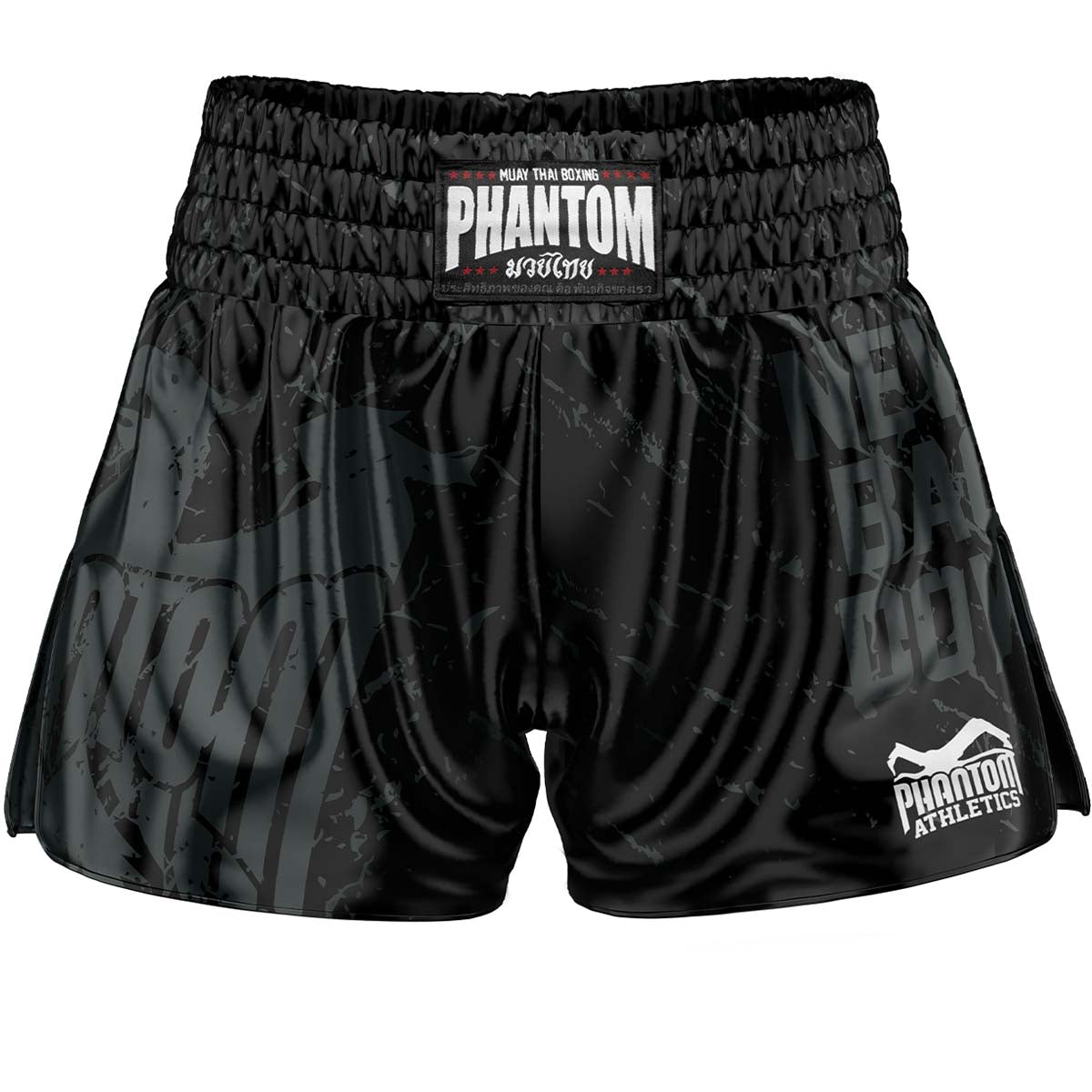 Phantom Muay Thai Shorts im beliebten Team Germany Look.  Mit Never Back Down Schriftzug und Bundesadler.  Ideal für Training und Wettkampf. Höchste Qualität und traditionelle Ausführung in Satin für dein Thaiboxen.