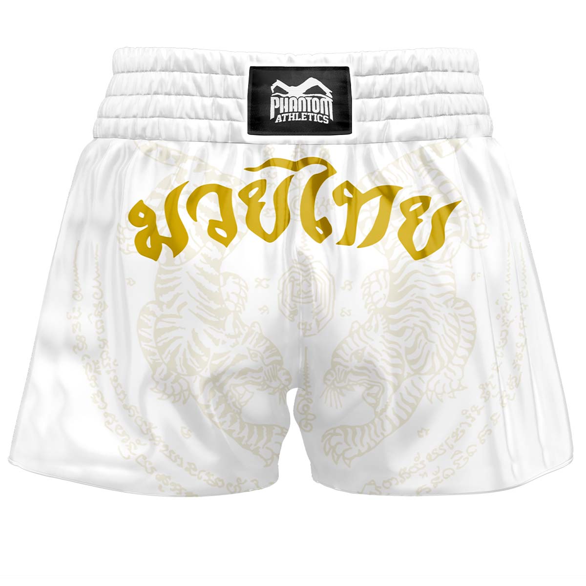 Die Phantom SAK YANT Muay Thai Shorts in Weiß/Gold. Mit traditionellem thailändischen Design mit Tigern und Schriftzeichen. Ideal für dein Thaibox Training oder den Wettkampf.