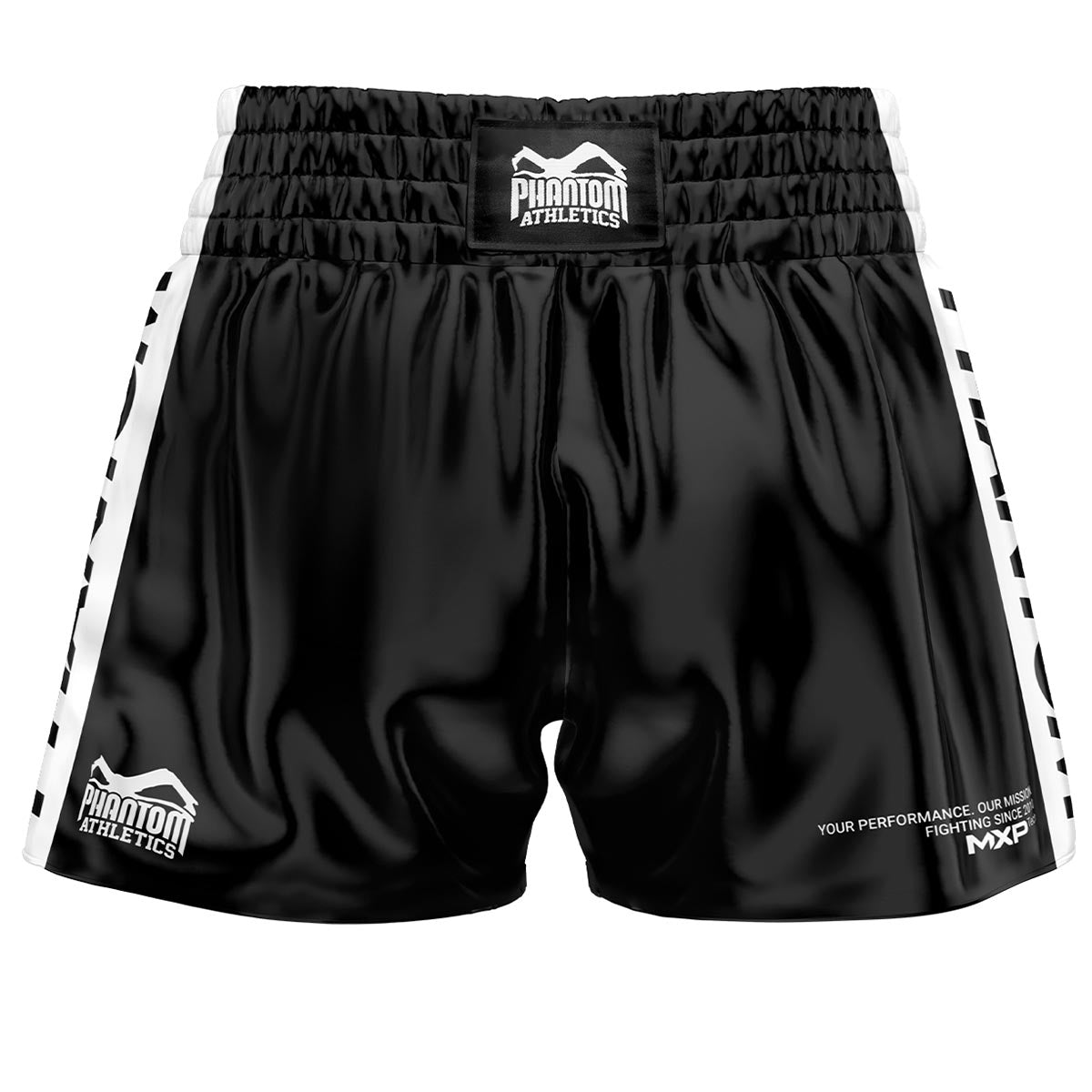 Phantom Muay Thai Shorts in schwarz für Training und Wettkampf. Höchste Qualität und traditionelle Ausführung in Satin für dein Thaiboxen.