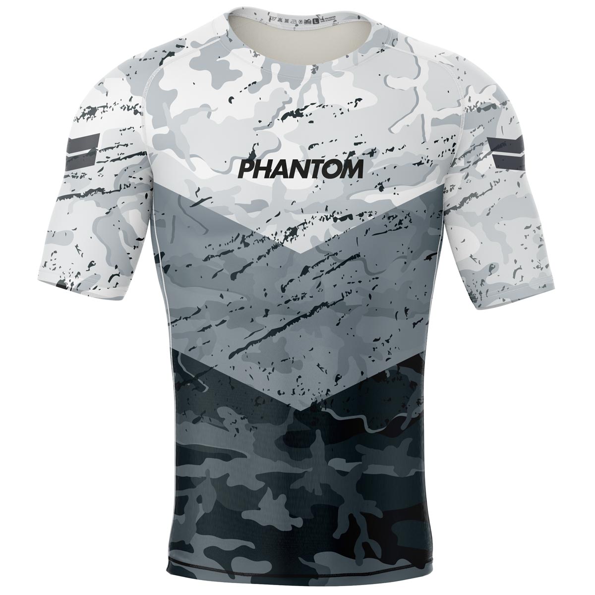 Phantom Rashguard für deinen Kampfsport. Eng anliegendes Kompressionstop für MMA, BJJ, Ringen, Muay Thai und andere Fight Sportarten. Perfekte Verarbeitung, Tragekomfort und Performance. Ideal für Training und Wettkampf. Hier in den Farben weiß/grau und schwarz mit Camo Muster.